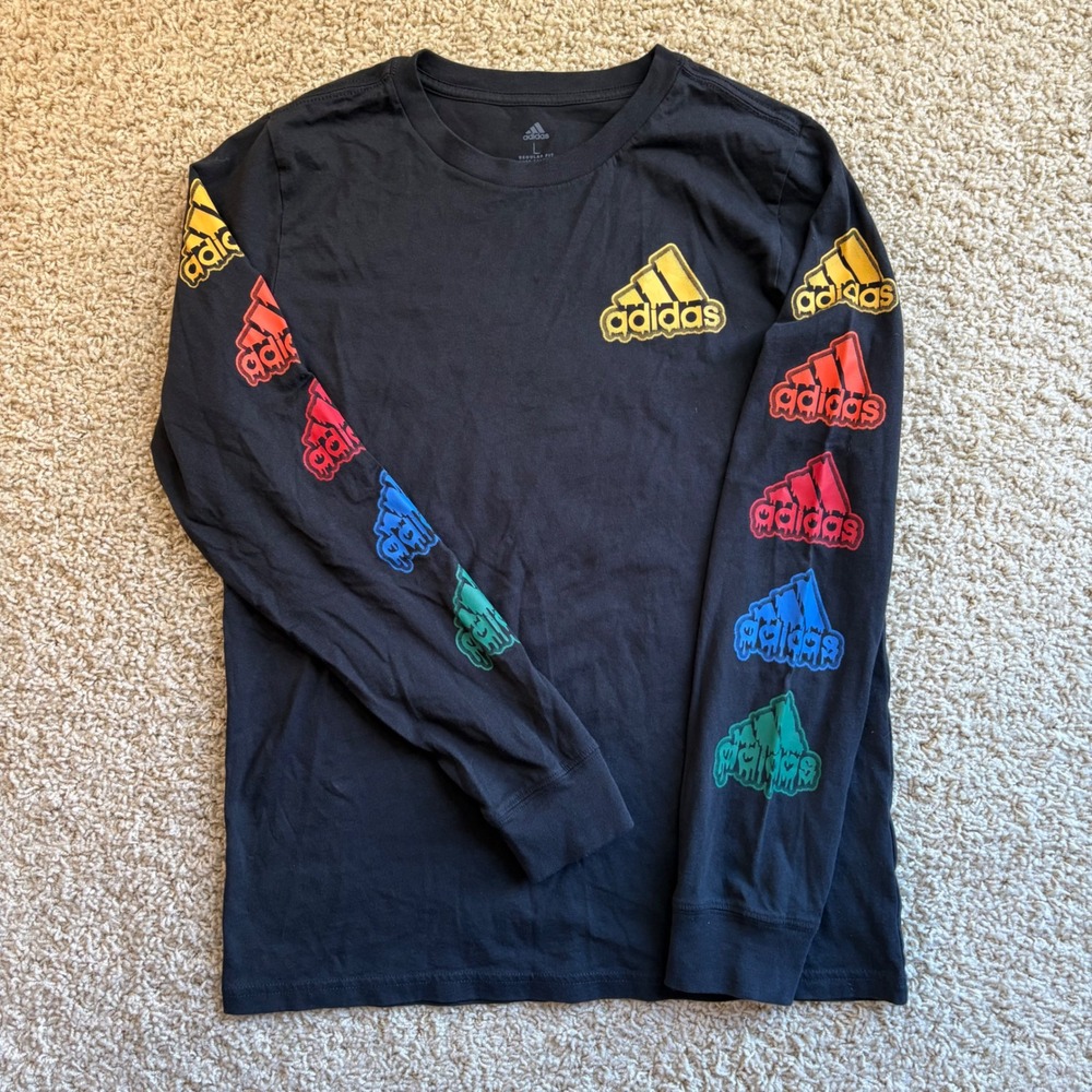 Adidas Long Sleeve T Shirt Black Rainbow Trefoil Logo Graphic Tee Men's L‎